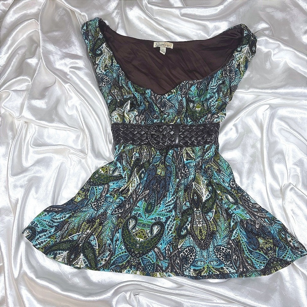 y2k Tunic Top Teal Excellent Paisley Braided Belt Sleeveless Peplum Boho
